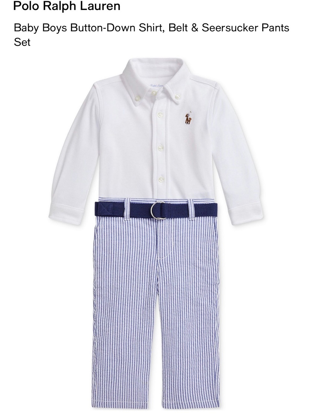 Ralph Lauren White Button-Down Shirt with Blue Seersucker Pants & Navy Belt